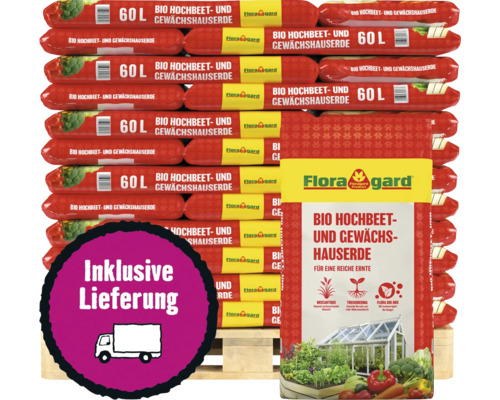 Palette Floragard Bio Hochbeet- und Gewächshauserde, 60 Liter Säcke, inklusive Lieferung.