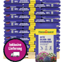 Floragard Aktiv Balkon- und Geranienerde, 60 Liter Säcke auf Palette gestapelt, inklusive Lieferung.