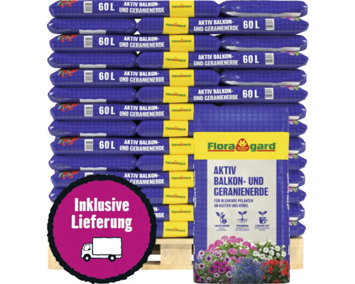Floragard Aktiv Balkon- und Geranienerde, 60 Liter Säcke auf Palette gestapelt, inklusive Lieferung.