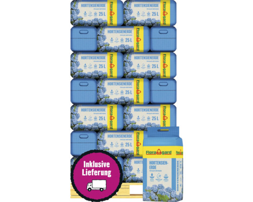 Mehrere Säcke Floragard Hortensienerde für blaue Hortensien zu je 25 Liter auf Palette, inklusive Lieferung.