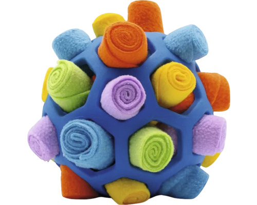 Interaktiver Schnüffelball für Hunde, blaues Gittergehäuse mit bunten Stoffrollen aus Fleece zum Verstecken von Leckerlis.