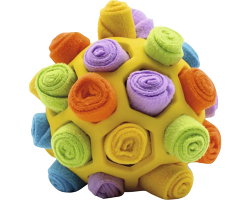 Schnüffelball für Hunde, gelber Gitterball aus Gummi mit bunten Rollen aus Fleece zur mentalen Auslastung.