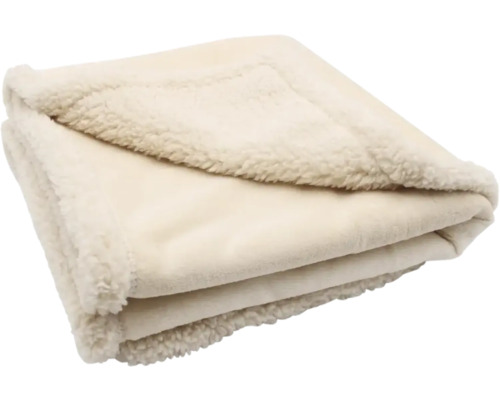 Beige Kuscheldecke aus Fleece mit weißer Sherpa-Abseite, ordentlich gefaltet.