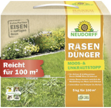 Neudorff Rasendünger mit Moos- und Unkrautstopp, 5 Kilogramm für 100 Quadratmeter, enthält Eisen, sicher für Tiere.