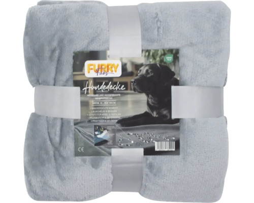 Gefaltete, graue Hundedecke von Furry Fabs, 70 mal 100 Zentimeter, wasserdicht, wendbar und flauschig, schützt Möbel vor Tierhaaren.
