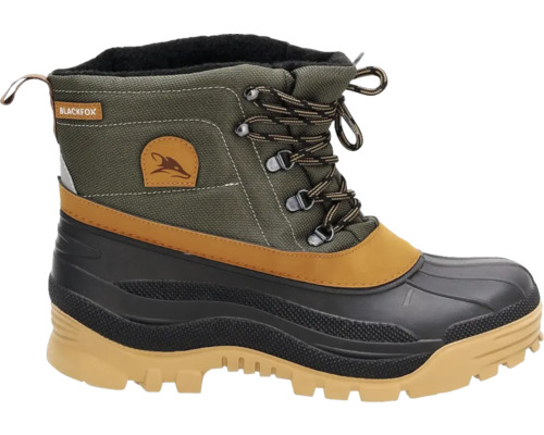 Blackfox Winterstiefel in Olivgrün und Schwarz mit Schnürung, Blackfox Logo, wasserfestem Gummifuß, Profilsohle und Textilschaft.