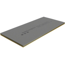 Swisspor BOARD Bauplatte, rechteckige Form mit grauer strukturierter Oberfläche und Logo.