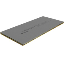 Stapel aus drei Swisspor Bauplatten mit grauer strukturierter Oberfläche und mehrschichtigen Kanten.