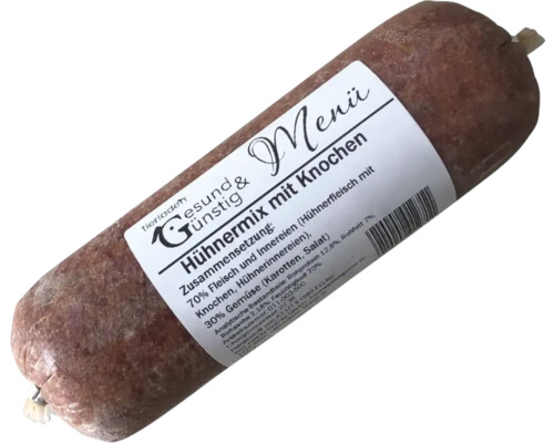 Hundenassfutter Hühnermix mit Knochen in Wurstform von tierladen Gesund und Günstig Menü.