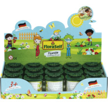 FloraSelf Logo auf Verkaufsdisplay Floralie Gärtnern mit Kindern, Anzuchttöpfe, Illustrationen von Kindern, ab drei Jahren, Hergestellt in Deutschland.