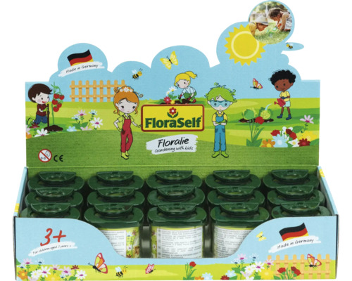 FloraSelf Logo auf Verkaufsdisplay Floralie Gärtnern mit Kindern, Anzuchttöpfe, Illustrationen von Kindern, ab drei Jahren, Hergestellt in Deutschland.