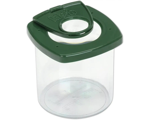 Klein Becherlupe zur Beobachtung von Insekten mit grünem Deckel, zweiter Vergrößerungslinse und Messskala am Boden.