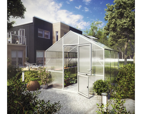 Modernes Gewächshaus mit weißem Aluminiumrahmen, Hohlkammerplatten und geteilter Tür in einem hellen, organisierten Garten.