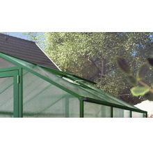 Gewächshaus mit grünem Aluminiumrahmen und Hohlkammerplatten, offenes Dachfenster zur Belüftung, im Garten neben Haus und Bäumen.