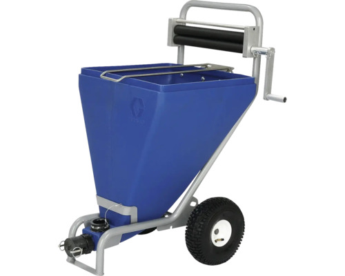Graco Materialbehälter mit Entleerungswalze und Handkurbel auf fahrbarem Metallgestell.