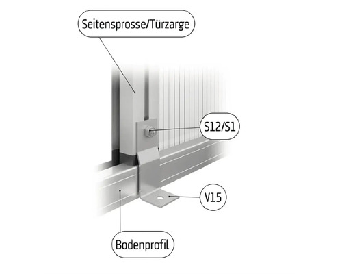 Technische Detailzeichnung der Montage von Seitensprosse oder Türzarge am Bodenprofil mittels Winkel und Verschraubung.