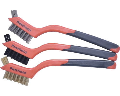Pattfield Drahtbürsten-Set mit drei Bürsten mit Borsten aus Stahl, Nylon und Messing sowie ergonomischen Griffen in Orange und Schwarz.