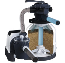 Sandfilteranlage für Pools im Querschnitt mit Pumpe, Filterkessel mit Sandfüllung und Mehrwegeventil zur Wasserreinigung.