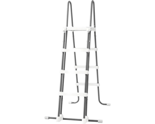 Graue Poolleiter für Aufstellbecken, Sicherheitsleiter mit vier weißen Stufen auf jeder Seite und Plattform aus Metall und Kunststoff.