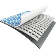 Mehrschichtige Poolfolie mit blauem Mosaikdekor, weißem Verstärkungsnetz und grauer Basis.