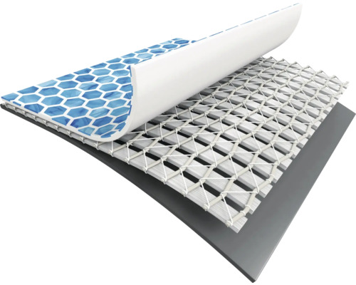 Mehrschichtige Poolfolie mit blauem Mosaikdekor, weißem Verstärkungsnetz und grauer Basis.