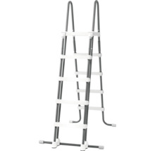 Frei stehende Poolleiter aus Stahlrohr mit Kunststoffstufen für Aufstellpools.