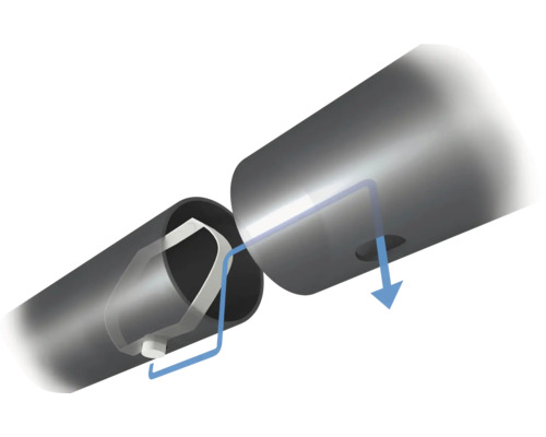 Rohrverbindung mit Federknopf-Verschlussmechanismus und Pfeil zur Veranschaulichung der Montage.