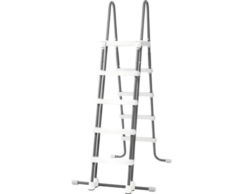 Poolleiter für Aufstellbecken mit Metallrahmen und Kunststoffstufen.