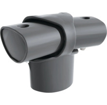 T-Verbinder aus grauem Kunststoff für Rohrrahmen mit drei ovalen Anschlüssen und Befestigungslöchern.