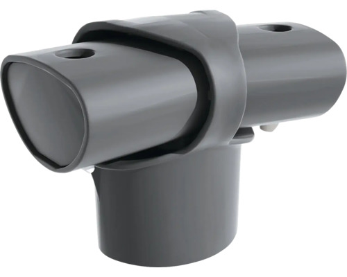 T-Verbinder aus grauem Kunststoff für Rohrrahmen mit drei ovalen Anschlüssen und Befestigungslöchern.