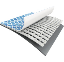 Schichtweiser Aufbau einer Poolfolie mit sechseckigem Muster, Gewebeverstärkung und grauer Trägerschicht.