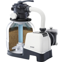 Intex Sandfilteranlage für Pools in Schnittdarstellung mit Filterkessel, Sandfüllung und Pumpe.