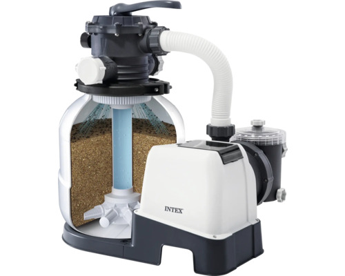 Intex Sandfilteranlage für Pools in Schnittdarstellung mit Filterkessel, Sandfüllung und Pumpe.