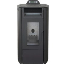 Moderner Pelletofen aus schwarzem Metall mit digitalem Display, Sichtscheibe aus Glas und Belüftungsschlitzen.