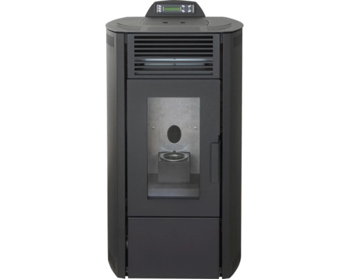 Moderner Pelletofen aus schwarzem Metall mit digitalem Display, Sichtscheibe aus Glas und Belüftungsschlitzen.