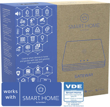 SMART HOME by hornbach Gateway Karton mit Symbolen für steuerbare Geräte, Zigbee Logo, Z-Wave Logo und VDE Siegel für geprüfte Informationssicherheit.