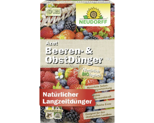Neudorff Azet Beeren- und Obstdünger, ein Kilogramm, organischer Langzeitdünger, Verpackung aus über achtzig Prozent Altpapier, Neudorff Logo.