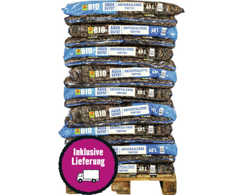 Compo Bio Universalerde torffrei mit Aqua Depot auf Palette gestapelt, 40 Liter pro Sack, inklusive Lieferung.