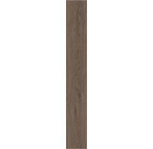 Lange schmale Laminatdiele mit sichtbarer Holzmaserung und kleinem Astloch in Eichenoptik.