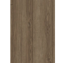 Laminatboden in Eichenoptik mit ausgeprägter Holzmaserung und sichtbaren Astlöchern.
