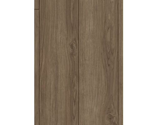 Laminatboden in Eichenoptik mit ausgeprägter Holzmaserung und sichtbaren Astlöchern.
