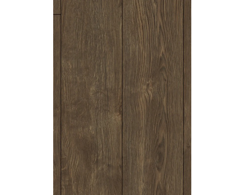 Dunkelbrauner Laminatboden in Holzoptik mit ausgeprägter Maserung und senkrechten Dielen.