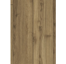Laminatboden mit Eiche-Dekor, markanter Holzmaserung und sichtbaren Astlöchern.