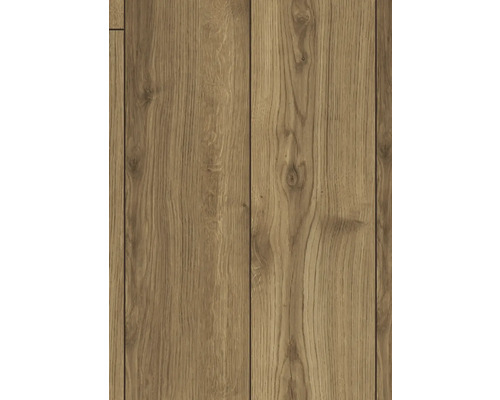 Laminatboden mit Eiche-Dekor, markanter Holzmaserung und sichtbaren Astlöchern.
