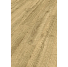 Laminatboden in Eichenoptik mit natürlicher Holzmaserung und sichtbaren Astlöchern.