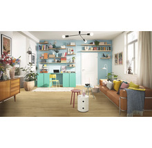 Modernes, helles Wohnzimmer mit hellem Boden in Holzoptik, hellblauer Wand, türkisfarbenem Schreibtisch und braunem Sofa.