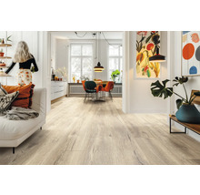 Heller Laminatboden in Eichenoptik in einem modernen, lichtdurchfluteten Wohn- und Essbereich mit weißem Sofa und bunten Stühlen.