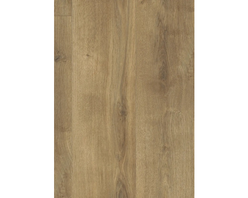 Laminatboden in Eiche-Optik mit natürlicher Holzmaserung und sichtbaren Astlöchern für eine rustikale Optik.