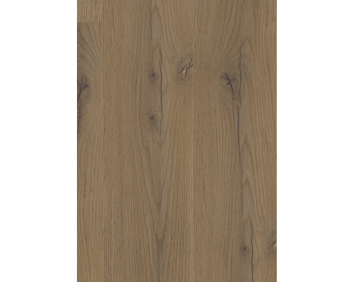 Laminatboden oder Vinylboden in Eichenoptik mit ausgeprägter Holzstruktur, Astlöchern und feinen Rissen.
