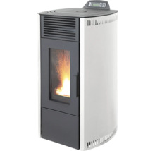 Pelletofen in Weiß und Schwarz mit Sichtfenster, brennender Flamme und digitalem Display auf der Oberseite.